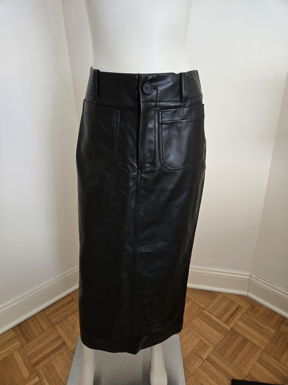 Brand New With Tags Anthropologie Black Faux Leather Pencil Midi Skirt